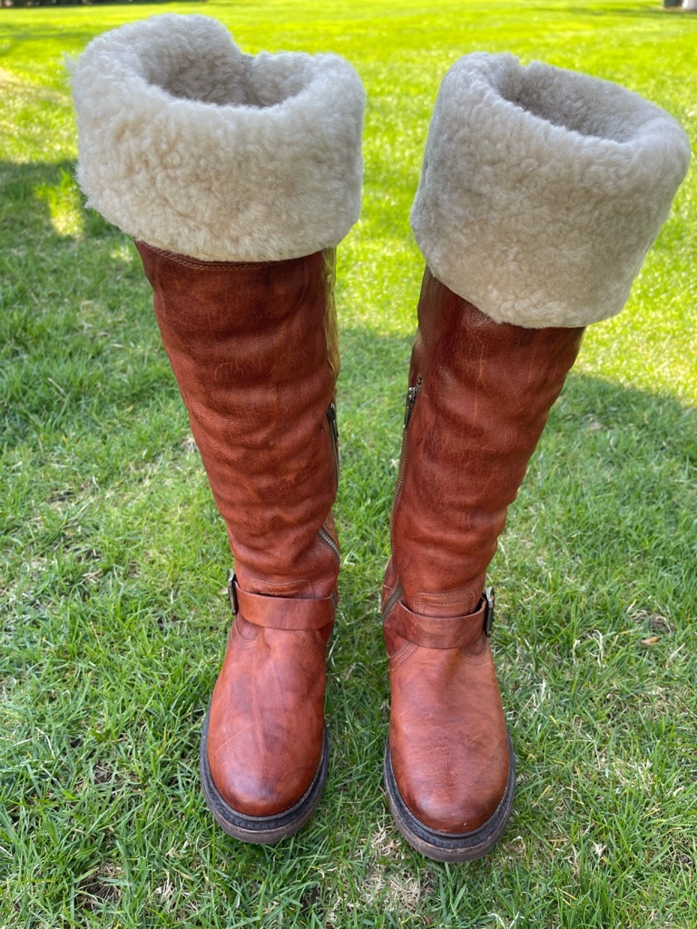 Frye Valerie Shearling Over the Knee or Fold Down Boots Cognac Leather Size 7 B